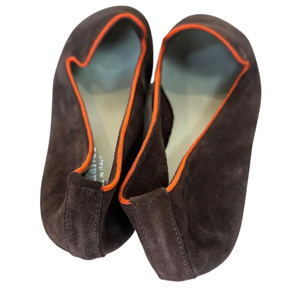 Sundance Brown Smoking Flats Shoes Size 39 8.5  Suede Leather Orange Trim Preppy